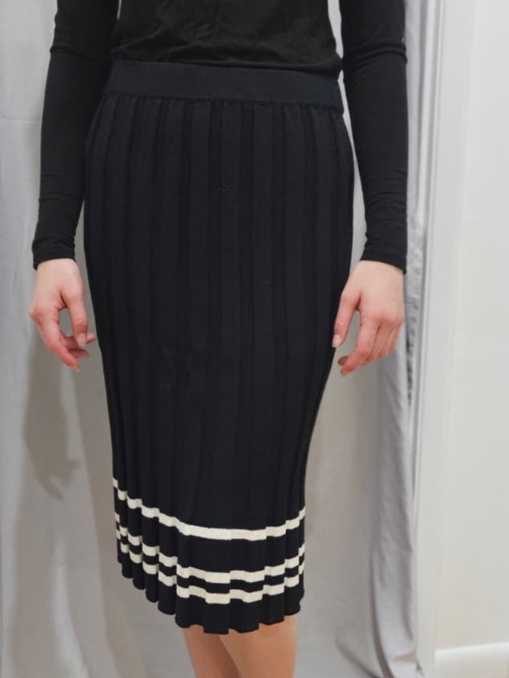 St. John Black Midi Skirt with Cream Stripe Hem